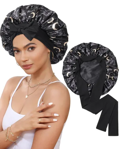 Miniatura 25 de Gorro de satén de seda para dormir, gorro de seda de doble capa con banda elástica para cabello rizado Negro+marrón