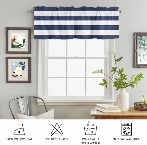 Miniatura 6 de Cortinas de cenefas a rayas blancas y azul marino para cocina, cafetería, cenefa de ventana de rayas modernas náuticas, cortinas cortas de 42 x 12