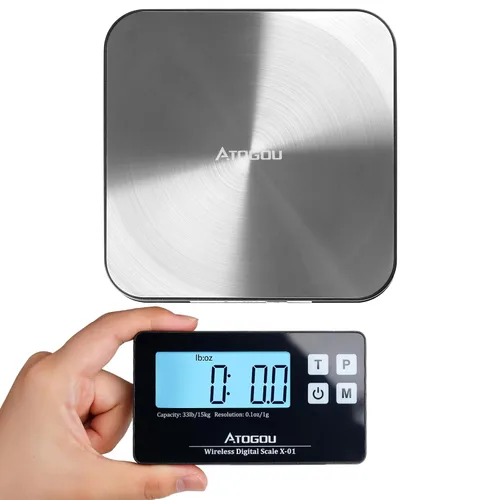 Atogou - Báscula de cocina inalámbrica de 33 libras con pantalla remota, graduación precisa de 1 g/0.1 onza, acero inoxidable 304 de grado