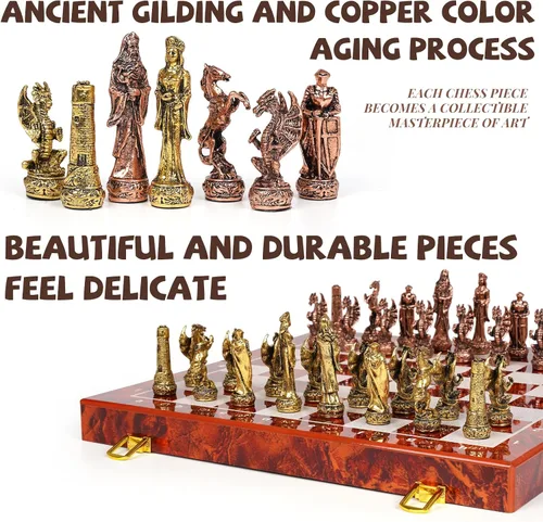 Miniatura 2 de Juego de ajedrez vintage de metal para adultos y niños, tablero de madera de 15 pulgadas con piezas de metal, juego de ajedrez de viaje, juego
