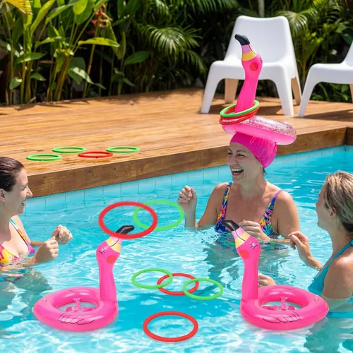 Miniatura 7 de Juego de lanzamiento de anillos inflables de flamenco de 3 piezas, suministros de juguetes para fiestas en la piscina, decoraciones Luau