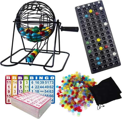 Yuanhe Juego de bingo de lujo, jaula redonda de metal, 75 bolas de bingo de colores, 100 tarjetas de bingo, 500 fichas mixtas y tablero maestro para