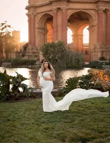 Miniatura 4 de ORQ Vestido de gasa de maternidad con hombros descubiertos para accesorios de fotos, vestido maxi de fotografía para sesión de fotos