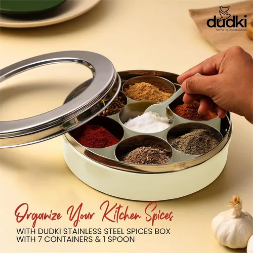 Miniatura 3 de DUDKI Homes - Caja Masala de acero inoxidable, caja de especias, Masala Dabba con organizador de cocina con tapa transparente con 7 recipientes