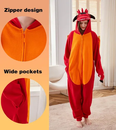 Miniatura 2 de Focupaja Pijama de dragón para adultos, disfraz de Halloween, ropa de dormir de una pieza