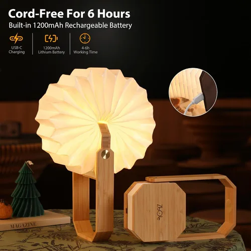 Miniatura 2 de Lámpara portátil de bambú - Linterna japonesa plegable con carga USB, pantalla de papel de fibra resistente a rasgaduras e impermeable, luz de viaje