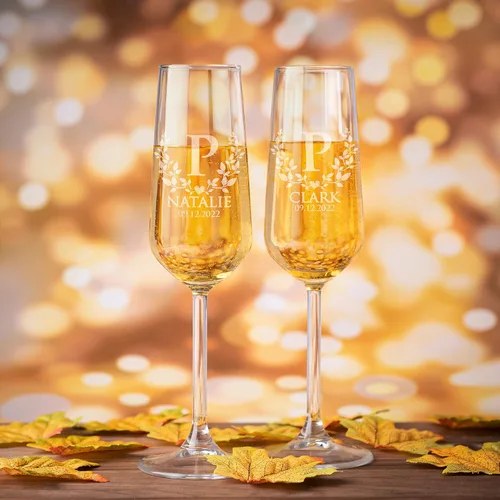 Miniatura 3 de Juego de 2 copas de champán personalizadas para boda, copas de champán personalizadas para nombres de novios y citas con hojas y corazón, Mr Mrs