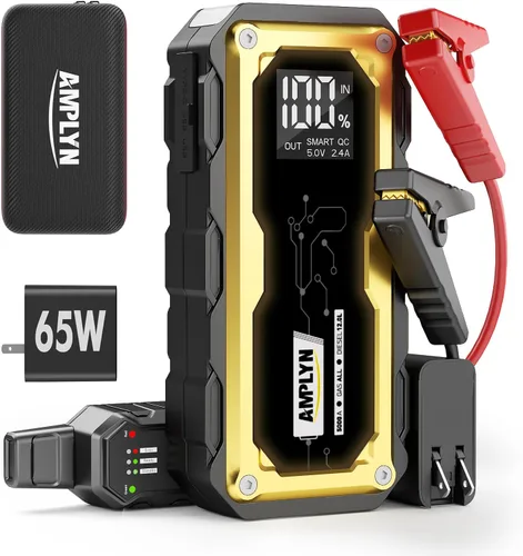 Arrancador de salto de 5000 A, 24000 mAh portátil con cargador rápido de 65 W, batería de 12 V para automóvil, pantalla LED, motor diesel (todo