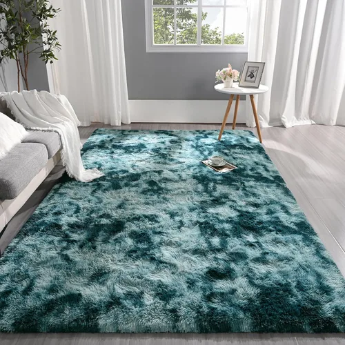 Miniatura 2 de Pettop Alfombra Mullida Tie-Dye Azul Pavo Real para Dormitorio Sala de Estar, 4x6 Pies Alfombras Shaggy de Felpa Súper Suaves y Peludas para Niñas