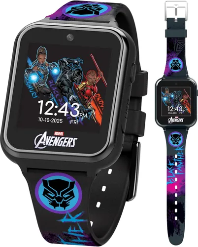 Accutime Kids Marvel Black Panther Black - Reloj inteligente educativo con pantalla táctil para niños, niñas, niños pequeños, cámara para selfies,