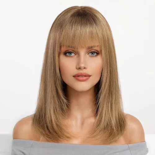 Miniatura 9 de KKU Pelucas de cabello humano de 16 pulgadas para mujer, peluca de cabello lacio en capas con flequillo, realismo natural, pelucas de cabello real