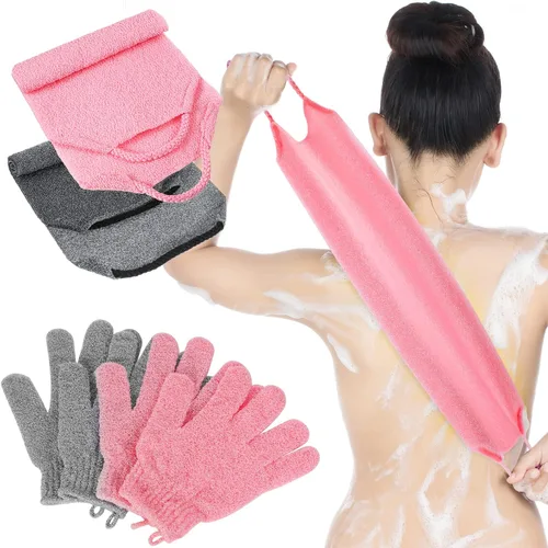 Miniatura 7 de Juego de 4 paños exfoliantes para la espalda, 2 toallas exfoliantes de nailon para la espalda, 2 pares de guantes de ducha para mujeres y hombres