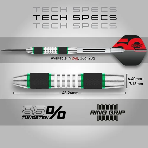Miniatura 4 de RED DRAGON Axis Professional Darts Set - 85% Tungsten Darts with Flights, Shafts & Wallet, Soft Tip 18g and Steel Tip 24g - 28g Verde