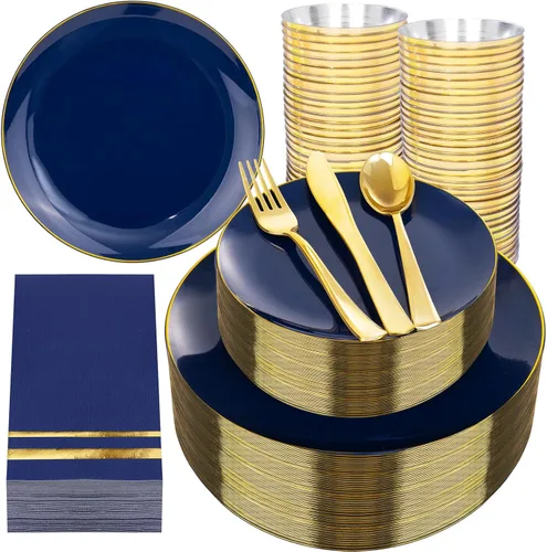 Miniatura 10 de NOCCUR 700 platos de plástico dorados, juego de vajilla desechable dorada para 100 personas, incluye 200 platos de cena/postre, 300 cubiertos, 100