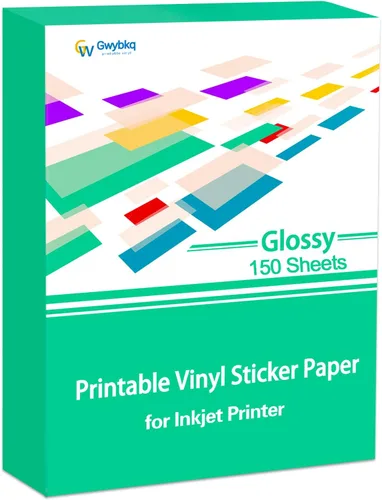 Gwybkq Papel adhesivo de vinilo imprimible brillante para impresora de inyección de tinta, 150 hojas de 8.5 x 11 pulgadas, etiquetas adhesivas