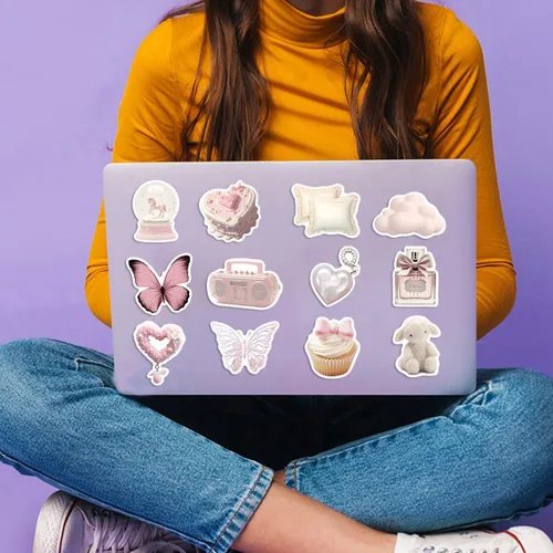 Miniatura 5 de Paquete de 50 calcomanías femeninas rosas estéticas Kawaii para botella de agua, laptop, patineta, guitarra, álbum de recortes, diario, calcomanías
