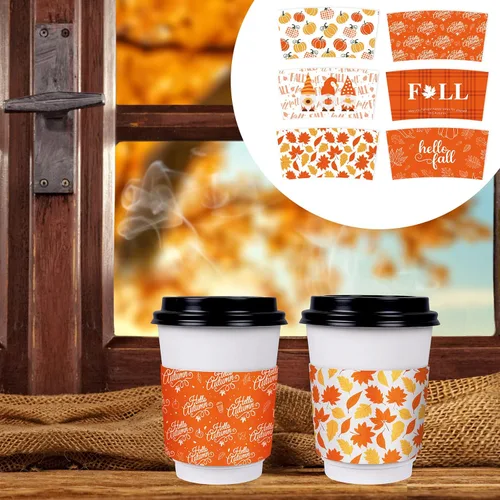 Miniatura 7 de Whaline Paquete de 60 fundas para tazas de té de café de Acción de Gracias, color naranja otoño, patrón simple, funda de papel, desechable para taza