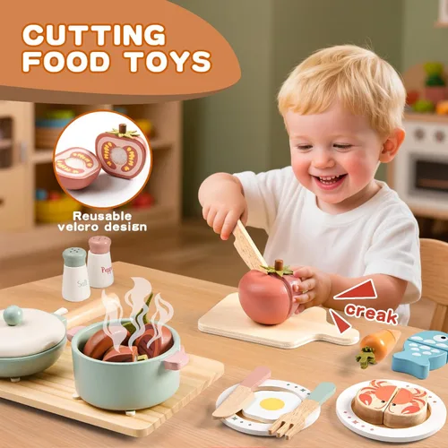 Miniatura 3 de Accesorios de cocina de juguete de madera, juegos de ollas y sartenes de simulación para juego de cocina de niños con estufa de juguete