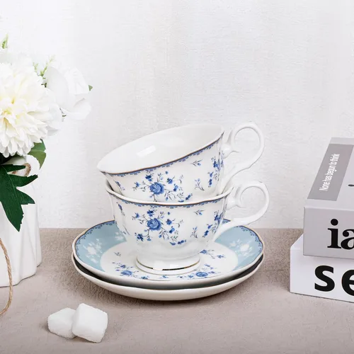 Miniatura 4 de fanquare - Juego de 6 tazas de té de rosa azul de 5 onzas, tazas de café de porcelana con borde dorado para fiesta en casa, tazas y platillos
