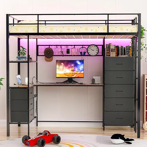 Miniatura 9 de Cama tipo loft de tamaño individual con escritorio, luces LED, estación de carga, base de cama industrial con 3 estantes de almacenamiento y 8