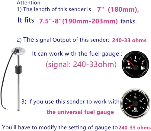 Miniatura 5 de 100TECH - Unidad Marina de sensor e indicador para nivel de combustible, gas agua para lancha, vehículo, camión, caravana, 240-33 ohm, 7.08 pulgadas
