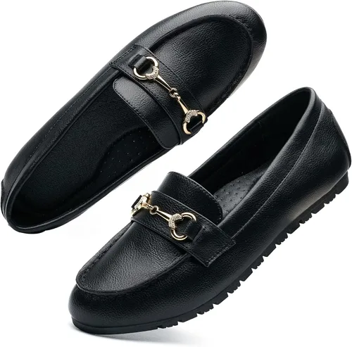 Women's Wide Casual Comfort Loafers Slip on Flat Shoes Women's Penny Loafers with Arch Support Women Dressy Buckle Moccasions