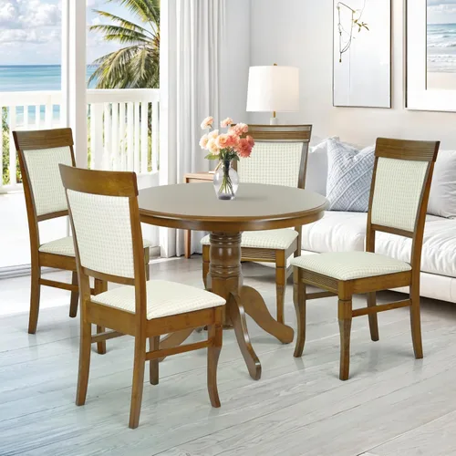 Miniatura 13 de Juego de mesa de comedor de 3 piezas, 2 sillas tapizadas Ronda de madera maciza de estilo clásico con mesa de comedor redonda, juego de cocina