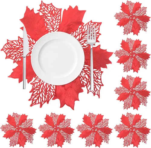 Miniatura 8 de Juego de 8 manteles individuales de Navidad, manteles individuales redondos de flores doradas de vinilo para mesa de cocina, comedor, decoración