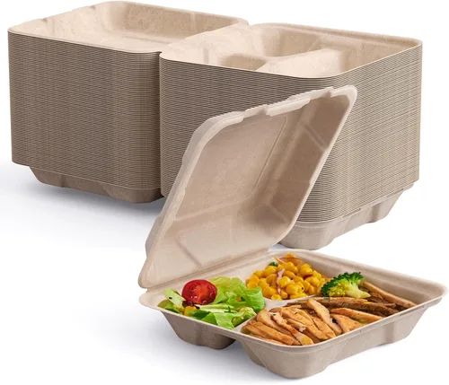 Miniatura 8 de ECOLipak Paquete de 300 recipientes con forma de ostra para llevar, 100% compostables y desechables, recipientes para llevar comida de 20,3 x 20,3 3