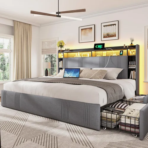 Miniatura 10 de EnHomee Base de cama de tamaño matrimonial con cabecera tapizada con estante, 4 cajones grandes, luces LED, estación de carga, plataforma resistente