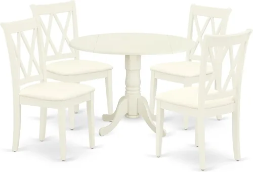 East West Furniture DLCL5-WHI-C - Juego de mesa de comedor de 5 piezas, incluye una mesa de comedor redonda con gotas y 4 sillas tapizadas de tela