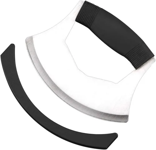 Mezzaluna - Picador de ensalada, cuchillo mezzaluna de acero inoxidable, cortador afilado con cubierta de protección, cortador de verduras para