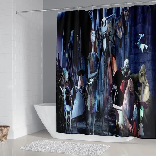 Miniatura 2 de Juego de 4 cortinas de ducha de Navidad para niños, decoración de Halloween y Navidad con 12 ganchos de cortina para baño, impermeable, 71 x 71