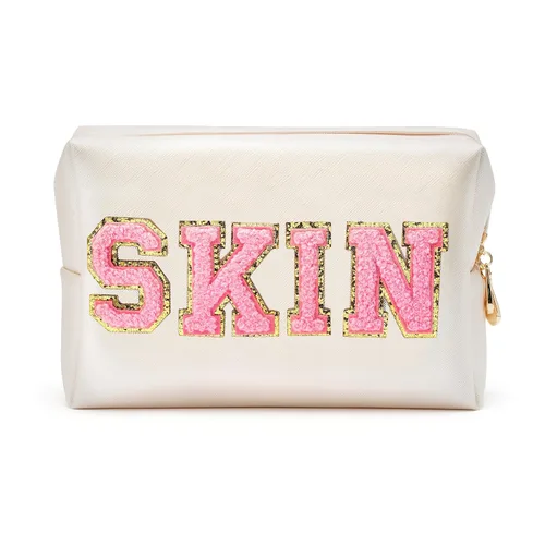 Y1tvei Preppy Patch SKIN Varsity Letter - Neceser para cosméticos, bolsa de maquillaje portátil de piel sintética, bolsa de maquillaje con