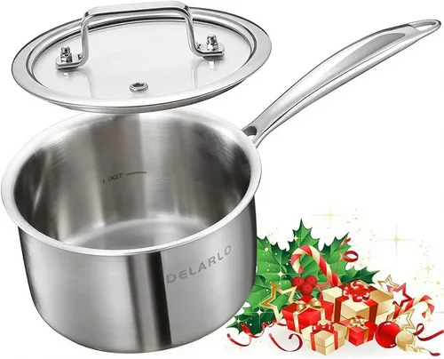 Miniatura 9 de DELARLO Cacerola de Acero Inoxidable Tri-Capa para Todo el Cuerpo de 3 Cuartos con Tapa, Apta para Horno 600℉, Sartén Saucier Resistente de 3