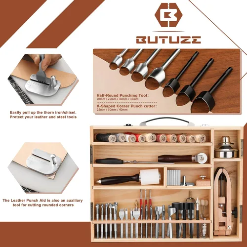 Miniatura 5 de BUTUZE Kit de trabajo de cuero, kit de herramientas de cuero en caja, kit de herramientas de artesanía de cuero, corte, perforación, tallado, kit
