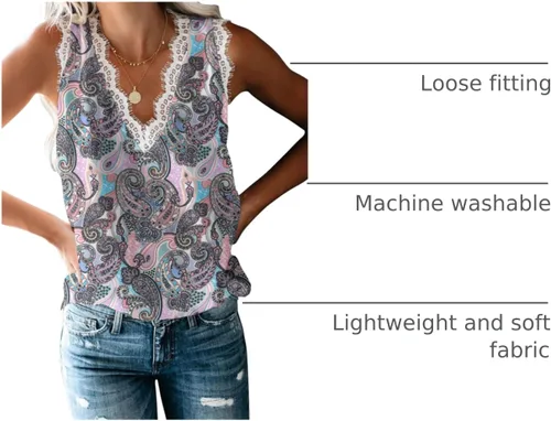 Miniatura 262 de VIISHOW - Camiseta sin mangas, sexy, con cuello en V y bordes de encaje para mujer, camisola de vestir, camisas de gasa, sin mangas, casuales