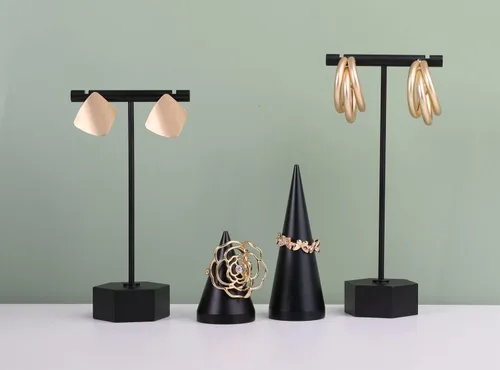 Miniatura 3 de GemeShou Soporte en T de metal negro, 2 piezas para exhibición de aretes, barra en T, soporte de joyería para fotografía minorista. Base hexagonal