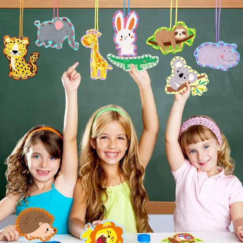 Miniatura 6 de Paquete de 12 tarjetas de encaje de animales de la selva, kits de costura para niños, león, animales salvajes, cartón, tarjetas de costura de doble