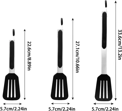 Miniatura 2 de Juego de 3 pinzas de cocina de acero inoxidable y silicona, color negro (7 pulgadas, 9 pulgadas, 12 pulgadas), resistente al calor, antiadherente