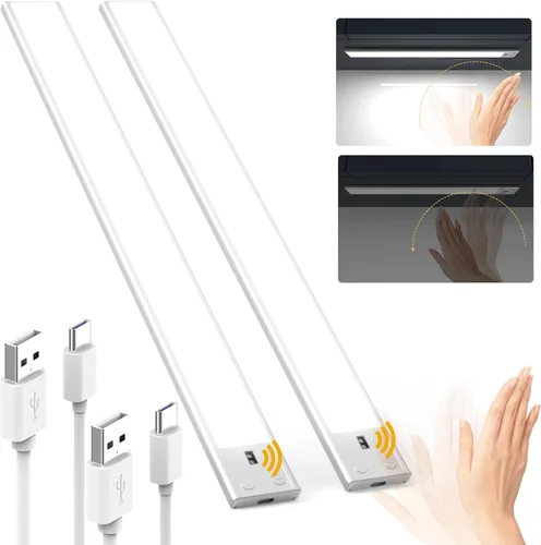 SUPERDANNY Luces de 16 pulgadas para debajo del gabinete, sensor de onda manual, 65 luces LED para debajo del gabinete, batería recargable mejorada