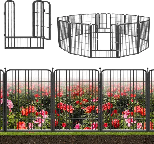 Miniatura 18 de Valla decorativa de metal negro para jardín con puerta, 82 pies de largo, 32 pulgadas de alto, 36 paneles de valla sin excavación, valla de barrera