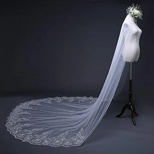 Miniatura 6 de Accesorio de boda de una capa para mujer velo largo de boda bordado floral apliques de encaje festoneado velo de novia con peine color marfil