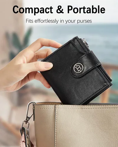Miniatura 4 de BOSTANTEN Cartera de cuero para mujer, pequeña, con bloqueo RFID, bolsillo con cremallera, tarjetero con ventana de identificación, 1-negro