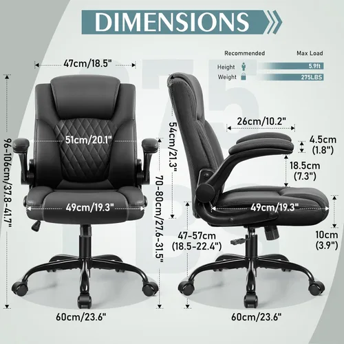 Miniatura 3 de Silla de cuero PU con soporte ergonómico lumbar, gira 360°, pequeña, ruedas, reposabrazos ajustables, para gente chaparra, para escritorio, Negro