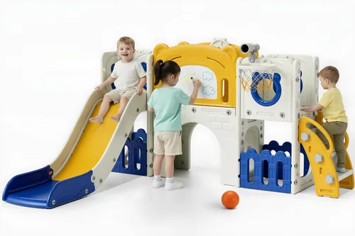 Miniatura 10 de Arlopu Juego de tobogán grande para niños de 10 en 1, juego de tobogán con pizarra para dibujar, aro de baloncesto, parque infantil resistente, casa