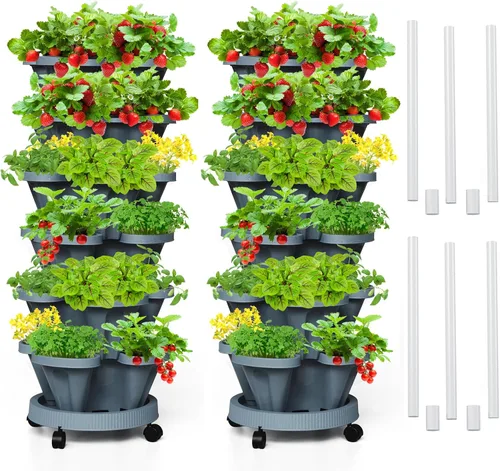 Miniatura 12 de Macetas verticales de fresa, paquete de 2 unidades, torre apilable de 5 niveles con poste de soporte, macetas apilables para hierbas y verduras