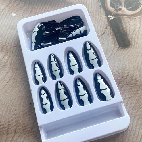 Miniatura 6 de Uñas postizas a presión para Halloween, con forma de hueso gótico, de terror, de cobertura completa, color blanco y negro, acrílico, para fiestas