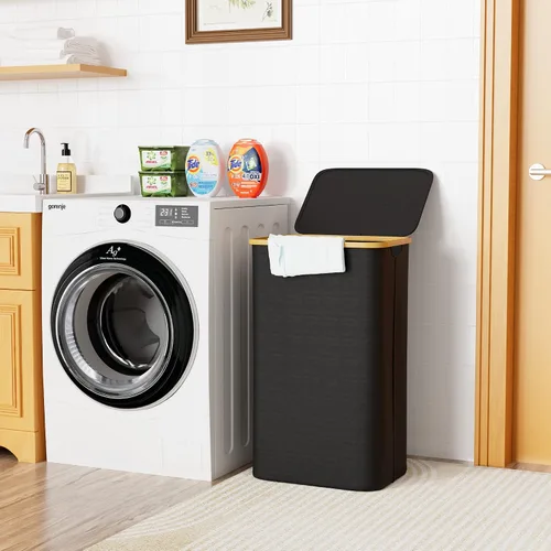 Miniatura 2 de SUOCO Cesta de lavandería con tapa, cesta de ropa de 29 galones (110L) con asas de bambú, cesta grande plegable para la ropa sucia para dormitorio
