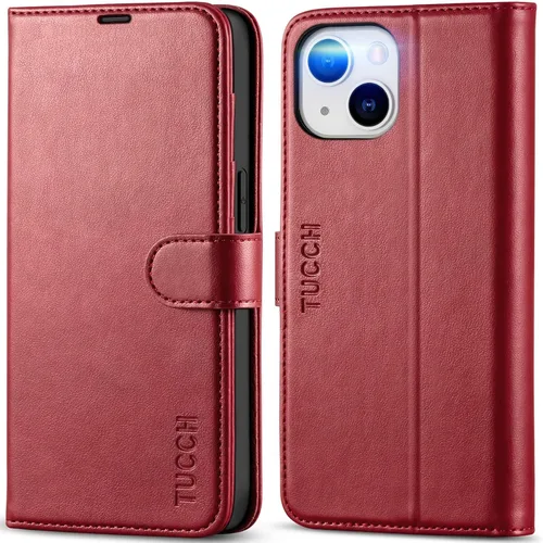 Miniatura 23 de TUCCH Funda tipo billetera para iPhone 14, [Bloqueo RFID] [4 ranuras para tarjetas] Funda protectora interior de TPU, funda abatible magnética